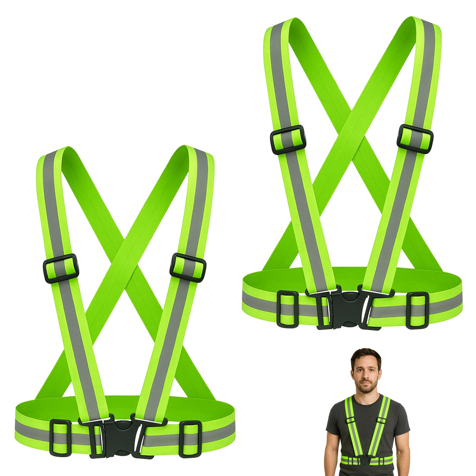 Chaleco reflectante de alta visibilidad de 2 piezas, cintura elástica ajustable, chaleco de seguridad transpirable para exteriores, para hombres y mujeres, ciclismo, motociclismo, jogging, verde