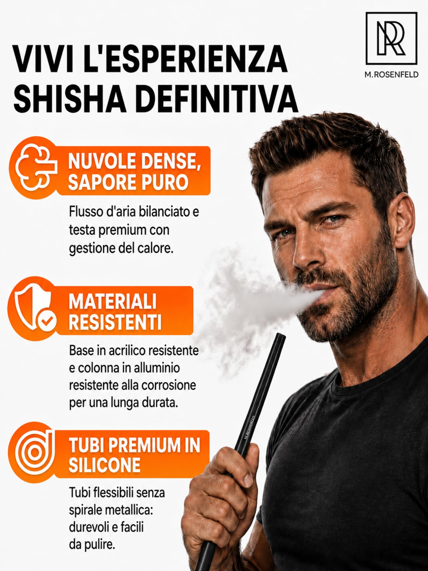 M. ROSENFELD Narghilè Completo Professionale 2 Tubi con LED - Shisha Portatile Premium Set HMD + Borsa Viaggio - Hookah Alluminio con Accessori