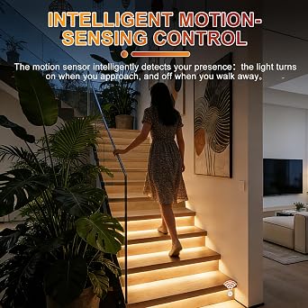Smart Motion Sensor Stair Lights,16 Step COB Strip Kit with App Remote | PIR Motion Detection Staircase Lighting Automatic Dynamic Effects Always-On Mode Step-by-Step Illumination Easy DIY Setup