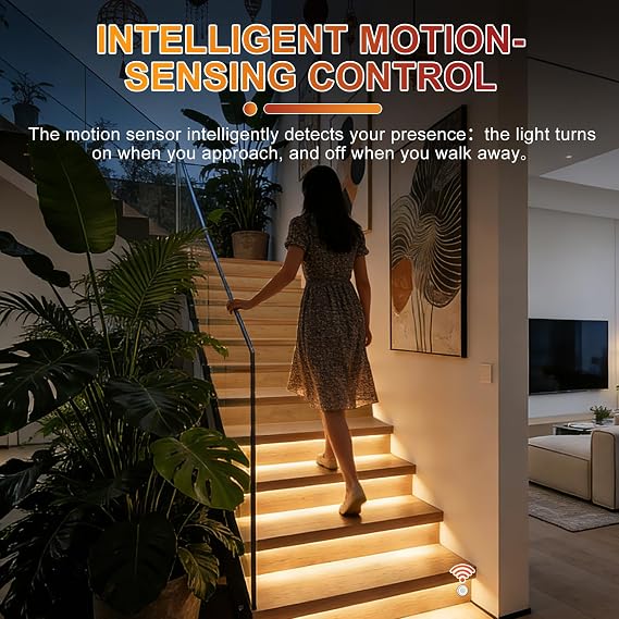 Smart Motion Sensor Stair Lights,16 Step COB Strip Kit with App Remote | PIR Motion Detection Staircase Lighting Automatic Dynamic Effects Always-On Mode Step-by-Step Illumination Easy DIY Setup