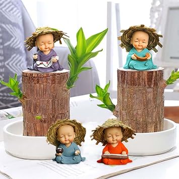 4 PCS Brazilian Wood Plant Mini Lucky Brazil Wood Monk Figurine Decor for Desktop Resin Desk Plant Accessories Decoration for Indoor Office Home Plant Flower Series Decor Multicolour