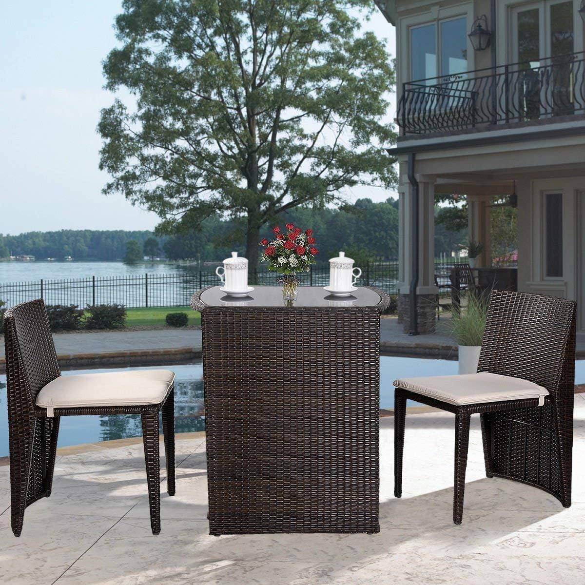COSTWAY Garden Lawn Sofa Furniture Brown 3 PCS Cushioned Outdoor Wicker Patio Convention Bistro Set