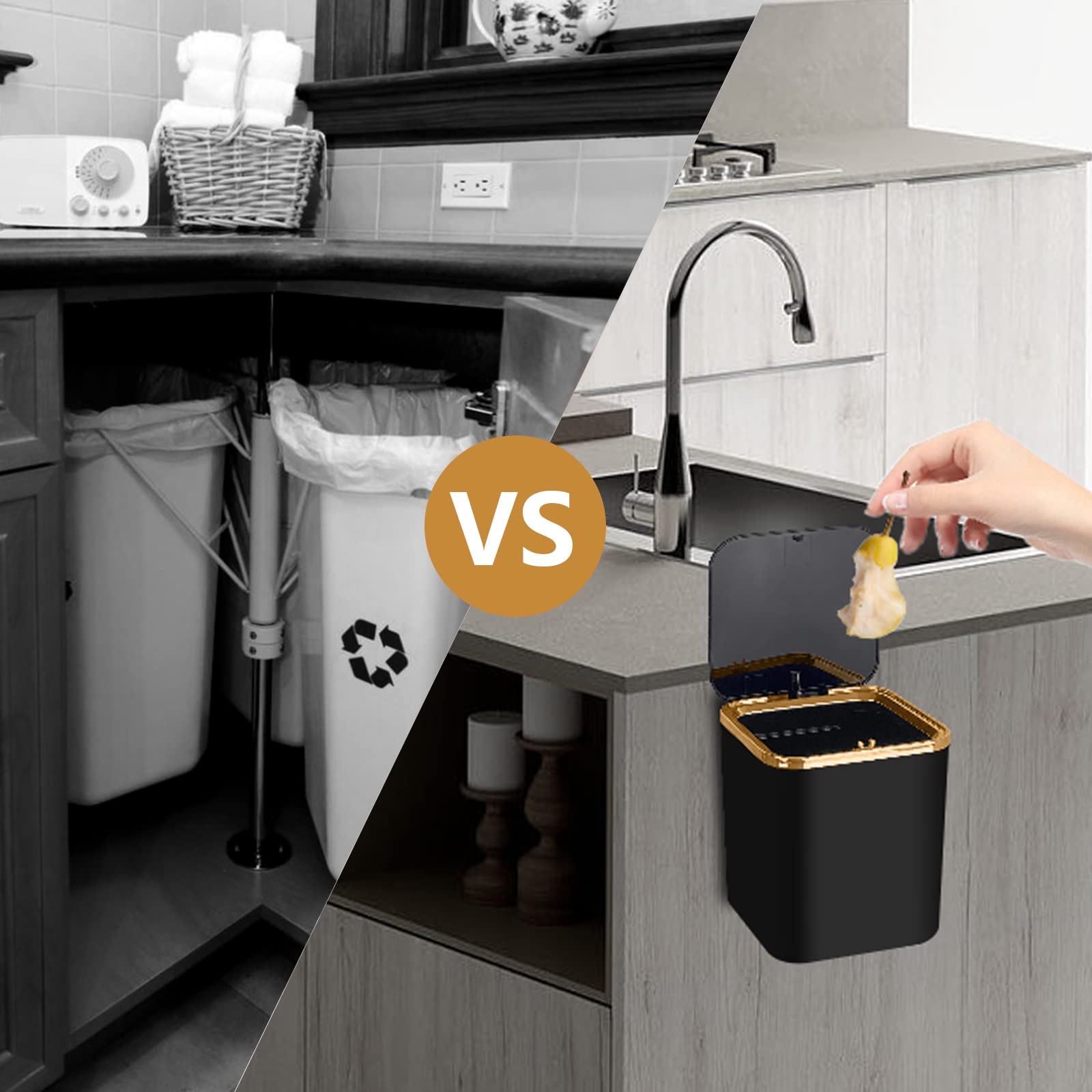Pattumiera Piccola con Coperchio da Tavolo 2L, Mini Cestino Spazzatura Bagno, Può Essere Parete, per Scrivania, Toletta, Bancone Cucina (Nero)