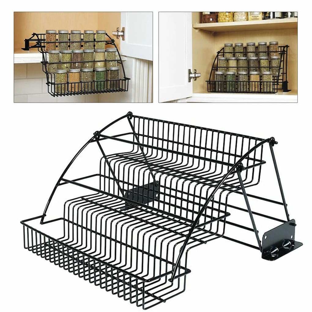 Ailan Dreistufiger ausziehbarer Gewürzschrank, Einbauschrank, ausziehbarer Gewürzschrank, Gewürzaufhängung, stabil, einfach an Schränken, Arbeitsplatten, Schwarz, Dreistufiger Auszug