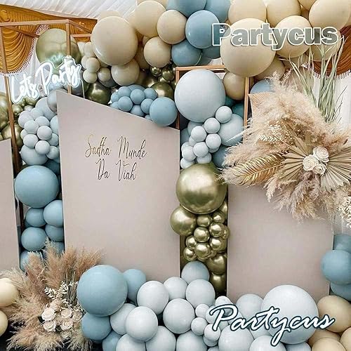 Miniatura 2 de Guirnalda de globos de color azul polvoriento, globo azul claro pastel, kit de arco de globos de color blanco, arena, beige, crema, globos dorados