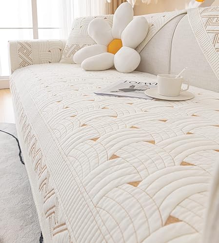 vctops Funda acolchada de algodón de color liso para sofá, con patrón de tejido suave, funda de sofá modular con bordado antideslizante para perros,