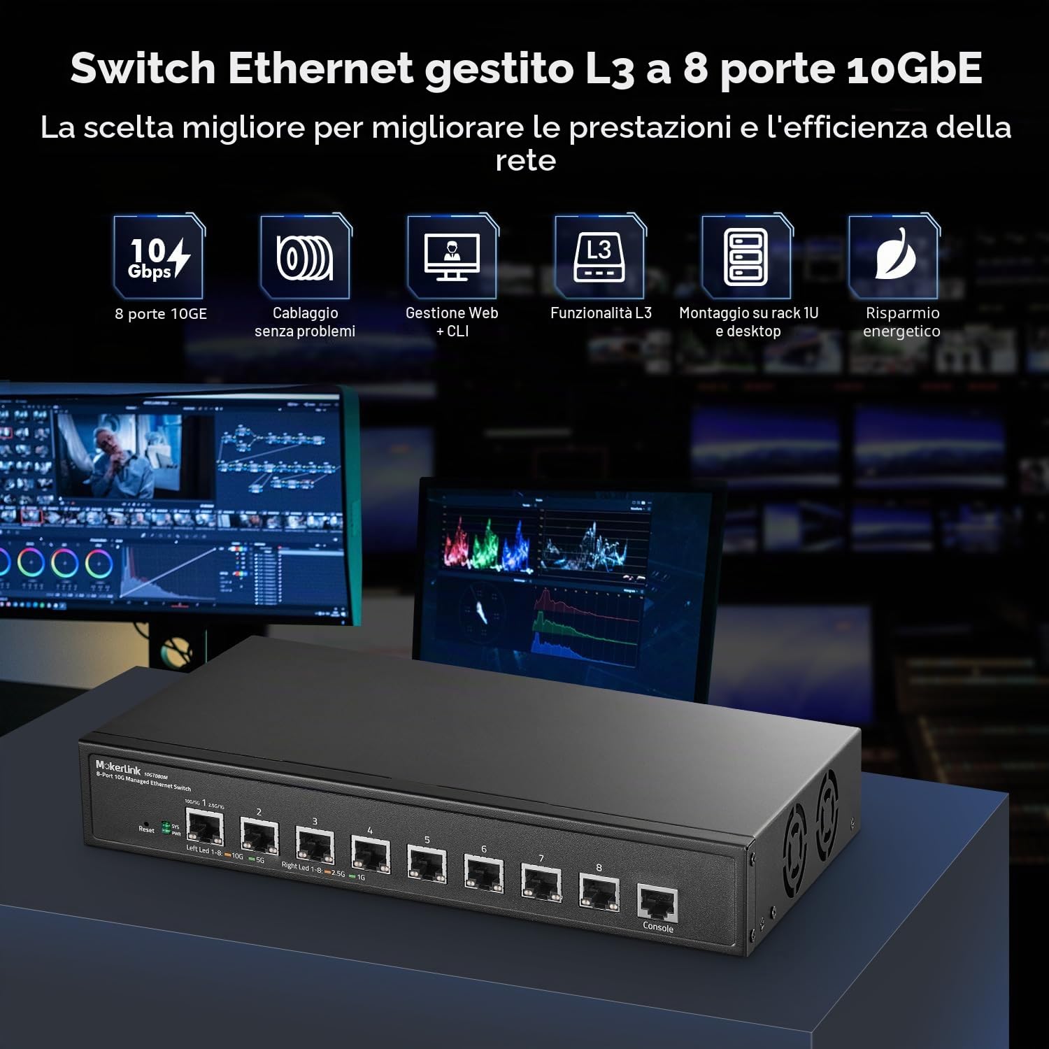 MokerLink Switch Ethernet gestito a 8 porte 10G, 10G/5G/2.5G/1G Auto-adattivo, gestito WEB/CLI L3, desktop in metallo|Switch di rete per montaggio su rack