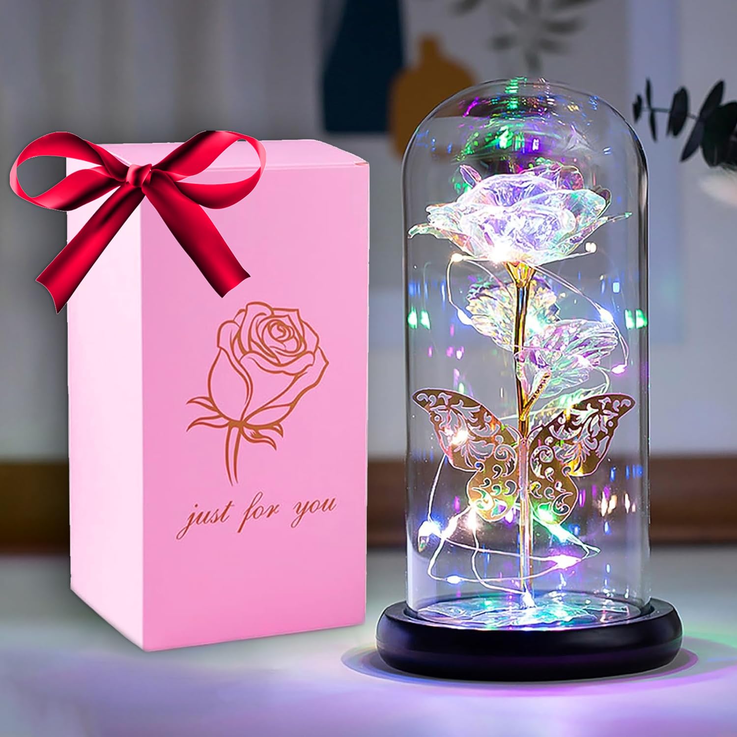 HFHungkeong Women's Birthday Gift, Galaxy Rainbow Rose Flower Artificial Flower Glass Light up Dome Butterfly Rose, Gift for Mother Girlfriend Grandma Sister Wife Teacher Valentine's Day