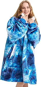 Kipswiza Wearable Blanket Hoodie, Oversized Cozy Warm Sherpa Fleece Hooded Blankets Sweatshirt - Gifts for Mom, Dad, Women, Men, Teens, Adult (Blue Tie Dye)