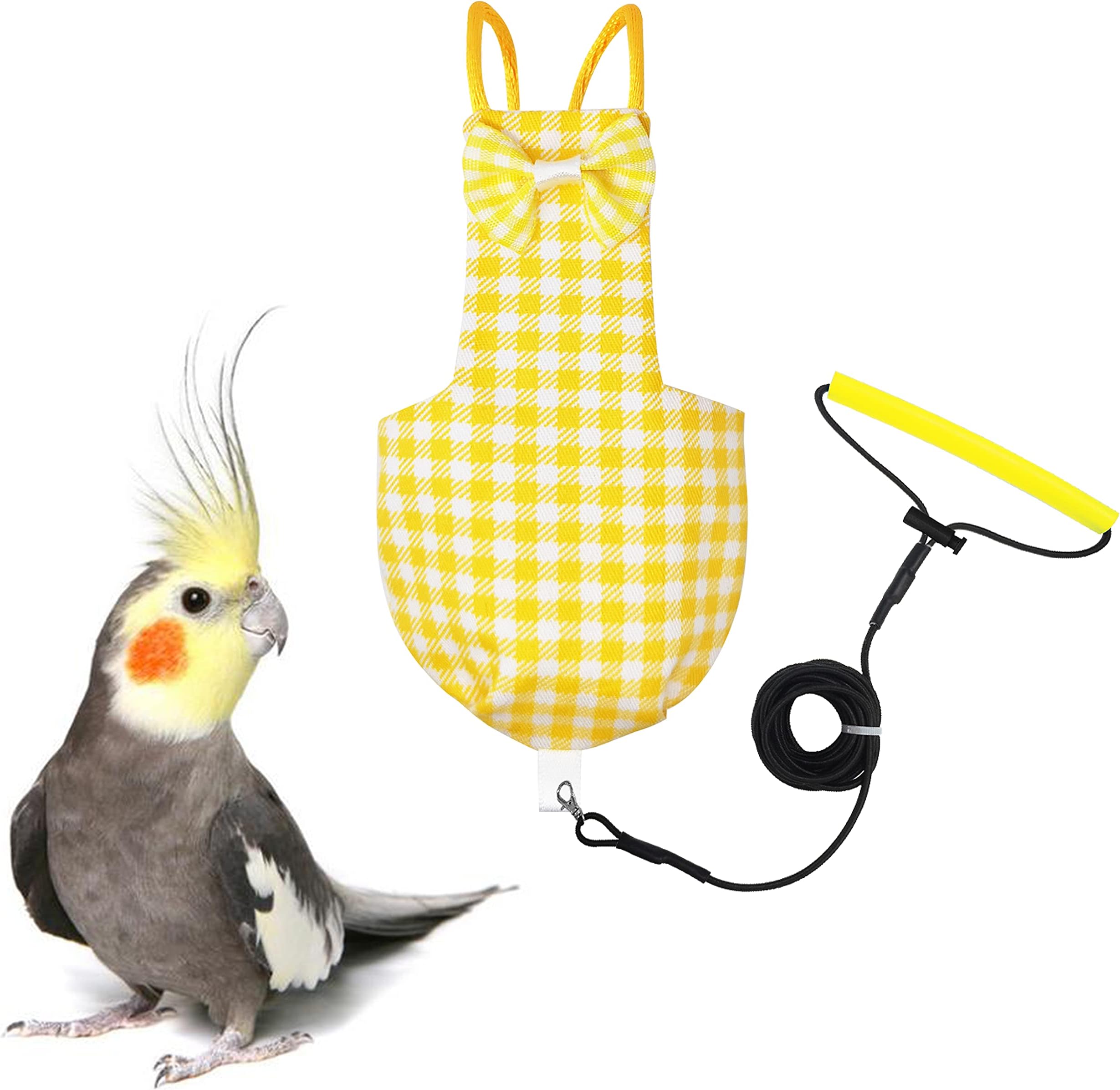 VANFAVORI Bird Diaper Harness Flight Suit Clothes with 80 Inch Flying Leash for Parrots Cockatiel Pet Birds Including A Cotton Pad, S Size, Yellow Checks