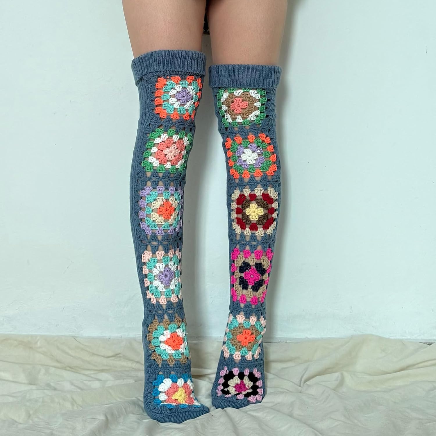 Women Thigh High Square Socks Warm Ethnic Hippy Crochet Cable Knit over the Knee Boot Socks Leg Warmers - Image 5