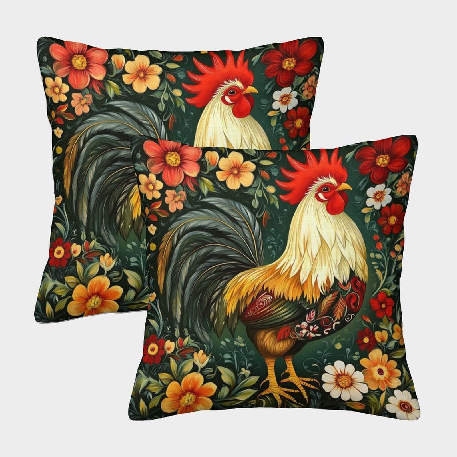 Emyxpaqm Style-12 Cushion Cases Rooster Flowers Polyester Pillow Cover Set Of 2 - Decorative For Living Room/Couch/Sofa 40X40cm