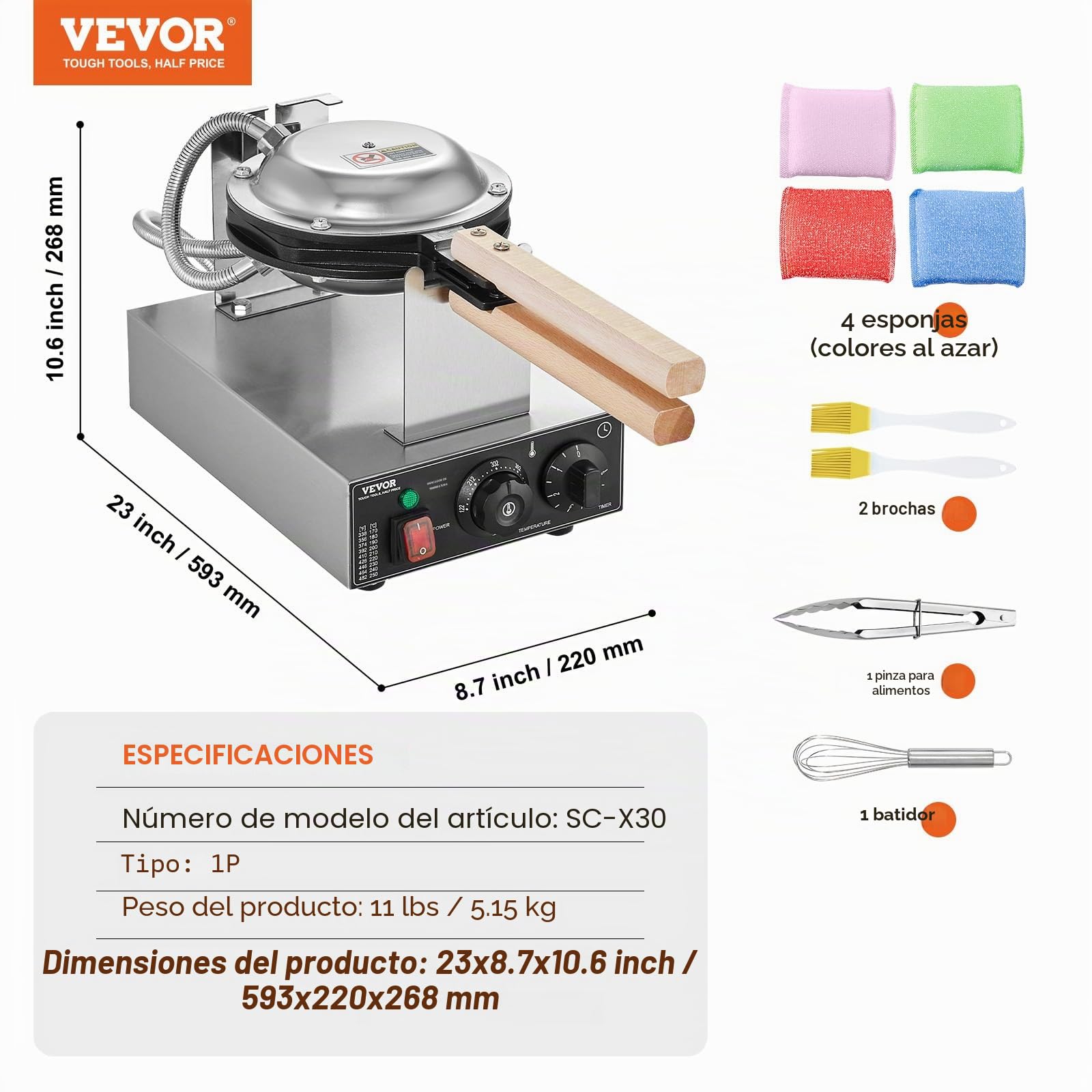 VEVOR Máquina para Hacer Gofres con Burbujas, 1400 W, Acero Inoxidable Antiadherente, Control Temperatura y Tiempo, Mango de Madera, para Restaurantes, Panaderías, 593 x 220 x 268 mm, Plata, 1P