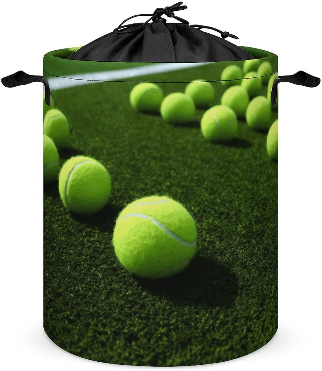 Tennis Balls on Tennis Grass Court Laundry Basket Collapsible Clothes Hamper with Reinforced Handles Large Capacity Waterproof Laundry Bag Freestanding Laundry Hamper for Bedroom Bathroom