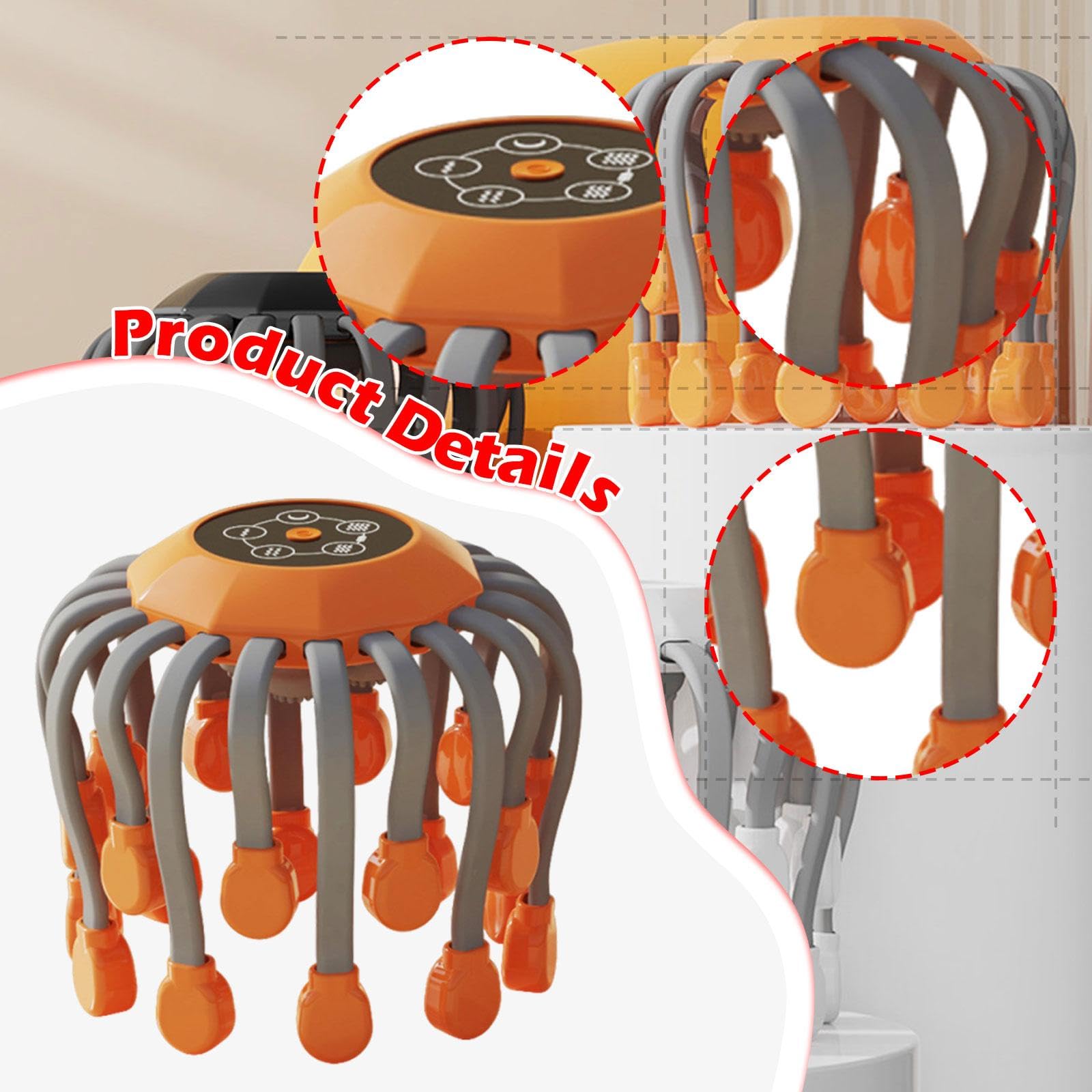 Masajeador de Cabeza Eléctrico con Control de Intensidad Y Modos Variables Diseño Portátil de Pulpo Masaje Escalp Y Relajación Apto para Hombres Y, Naranja