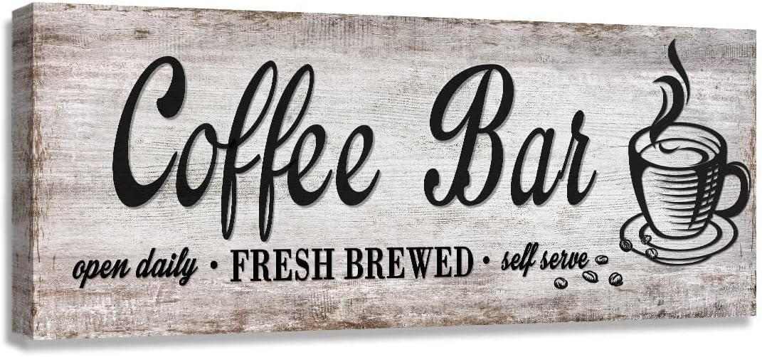 Rustic Wood Grain Coffee Station Decor - Retro Coffee Bar Signs for Kitchen - Self Serve Fresh Brewed Open Daily