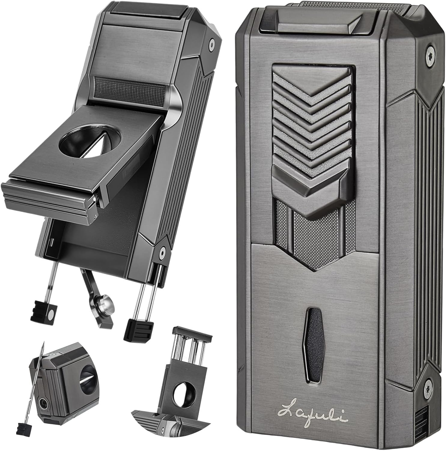 6-in-1 Torch Lighter with Cutter, Twin Nubber, Draw Enhancer, Holder and Punch, Refillable & Adjustable Windproof Butane Lighter, Premium Gift Box for Men | Camping & Travel Essential