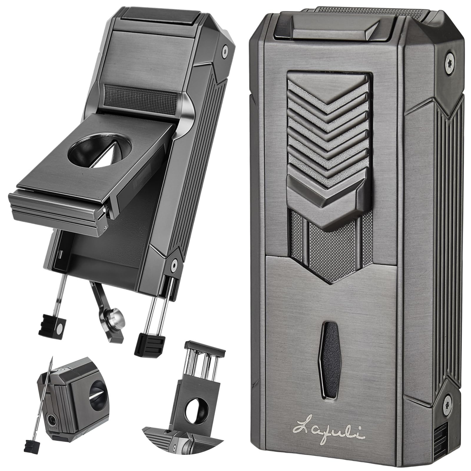6-in-1 Torch Lighter with Twin Nubber Auto-Pop V-Shape Clipper Draw Enhancer Holder and Punch Refillable Adjustable Windproof Butane
