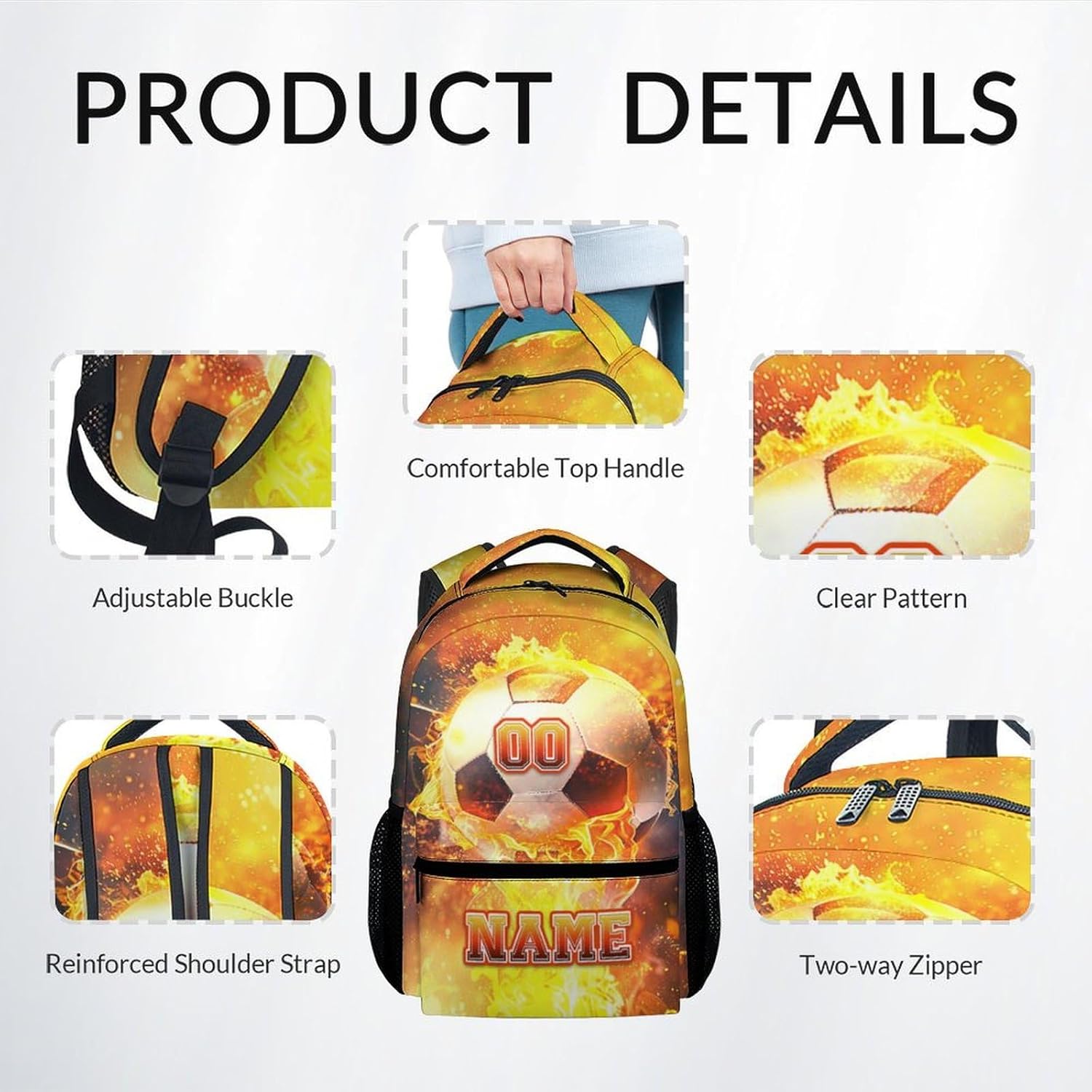 School Bag Set for Boys, Personalized Soccer Backpack for Kids Girls, Custom Book Bag with Name, 17 Inch Sport Theme Bookbag with Lunch Box and Pencil Case