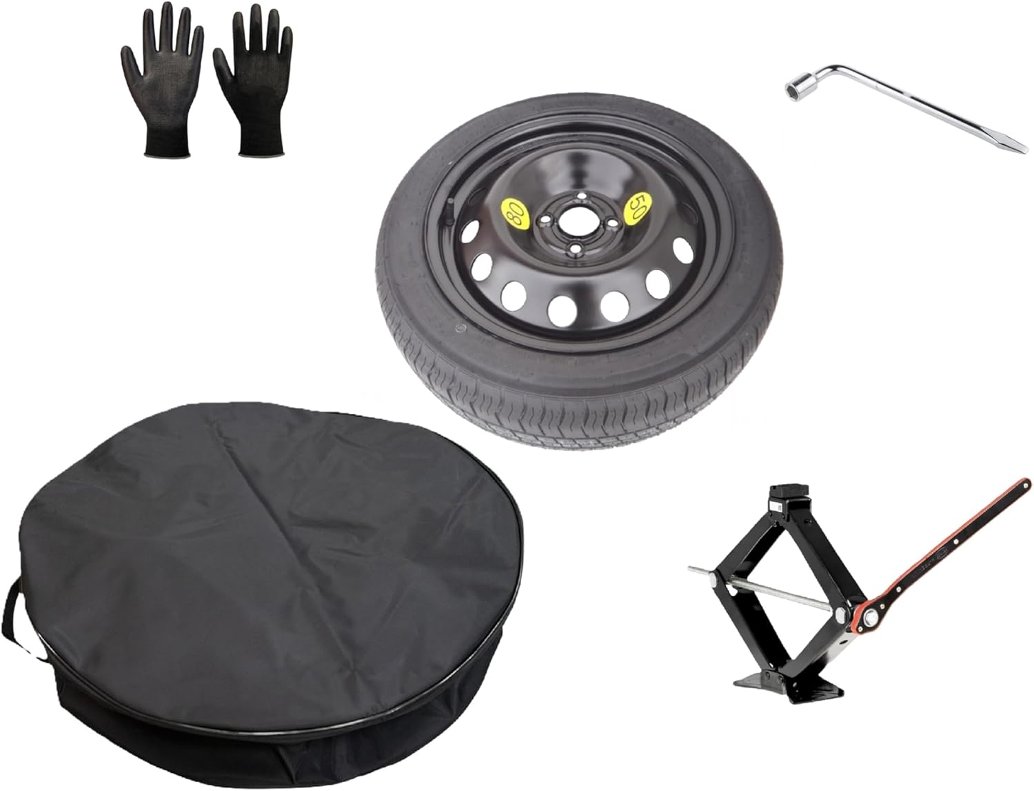 Kit de rueda de repuesto de 16 pulgadas compatible con Dacia Sandero – Sandero Stepway – Sandero Streetway con gato, llave, guantes y bolsa 125/90R16