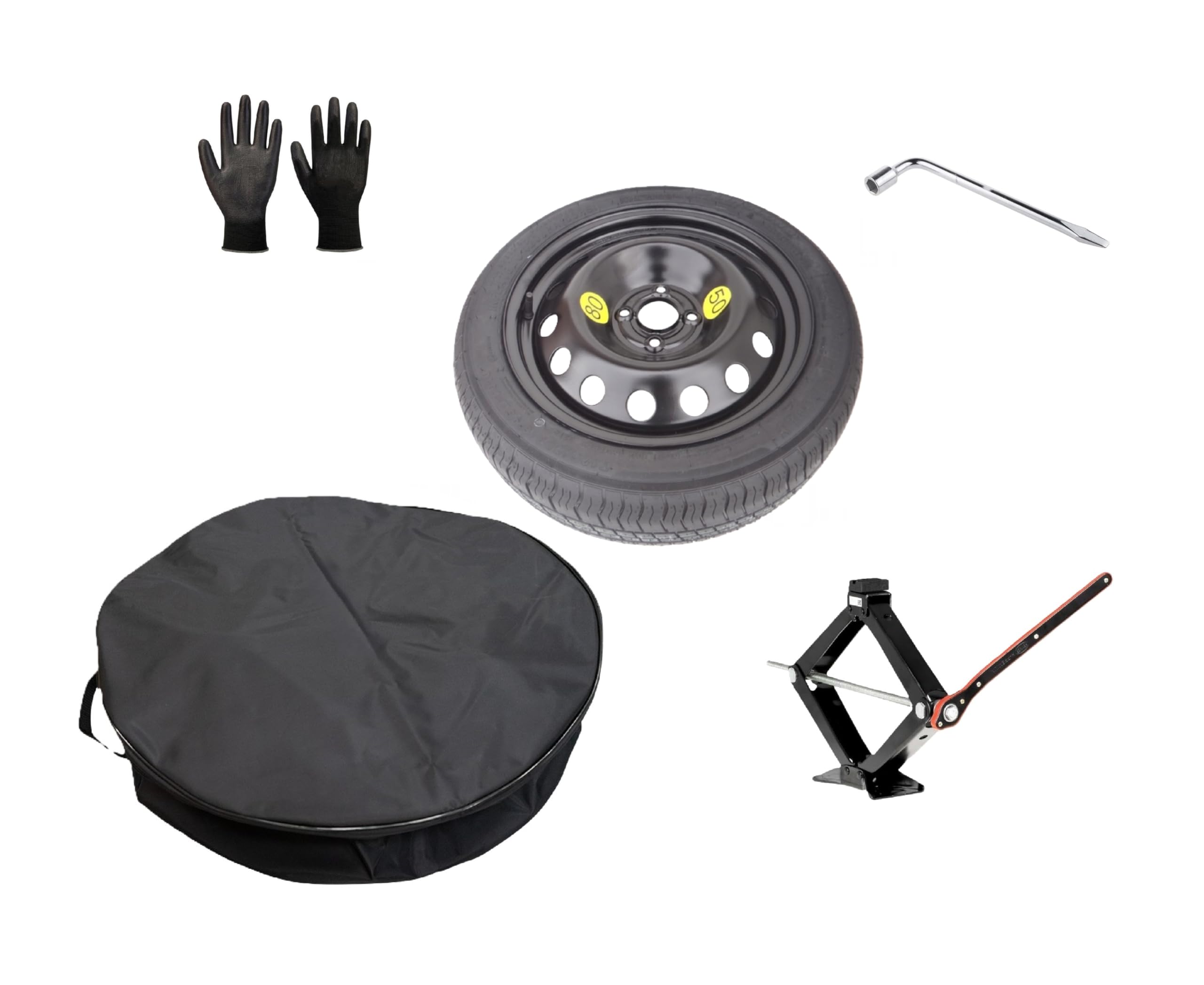 Kit de rueda de repuesto de 16 pulgadas compatible con Dacia Sandero – Sandero Stepway – Sandero Streetway con gato, llave, guantes y bolsa 125/90R16