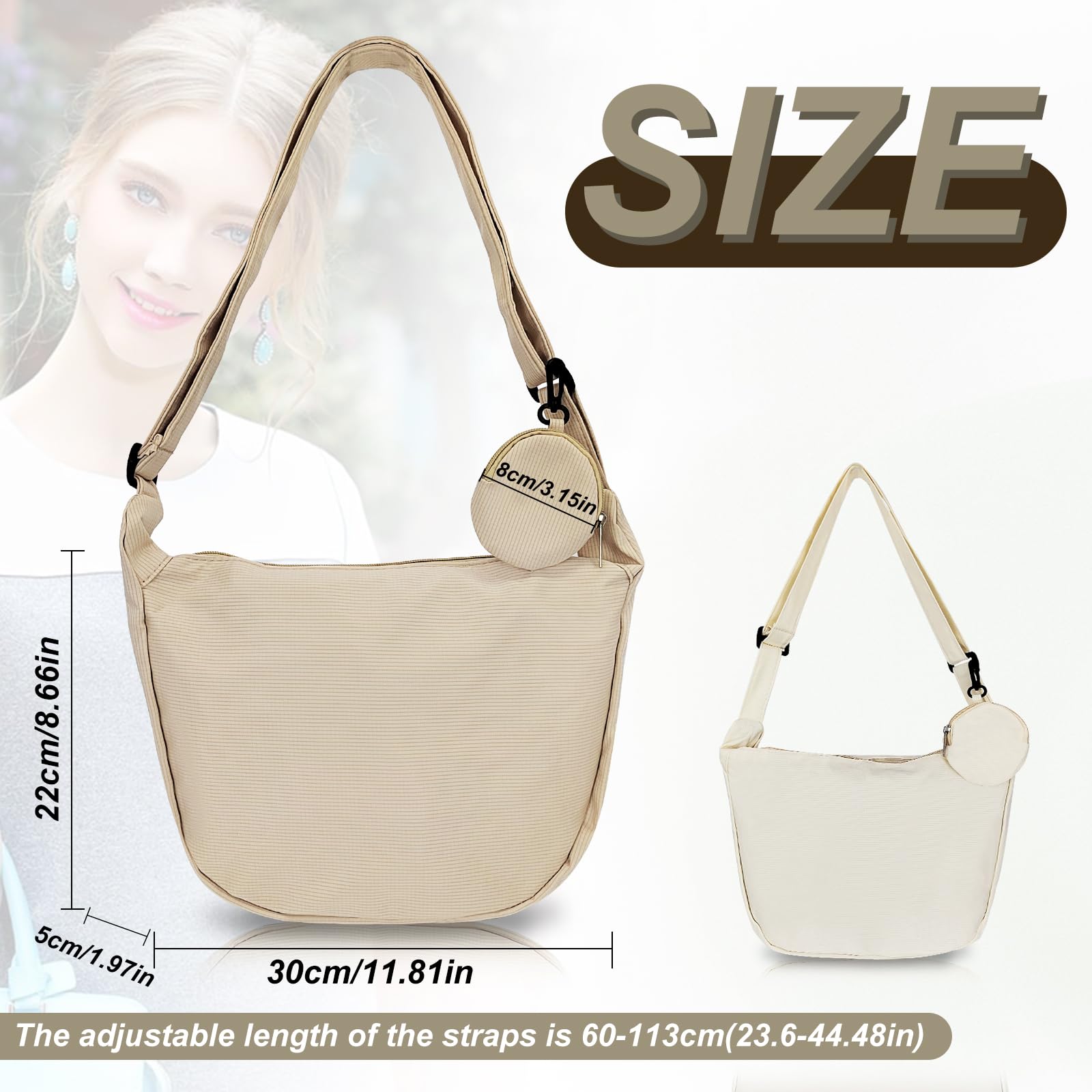 AfitLulu Crescent Bag, Casual Canvas Shoulder Bag with Adjustable Shoulder Strap and Cute Pendant, Dumpling Bag Purse (white)