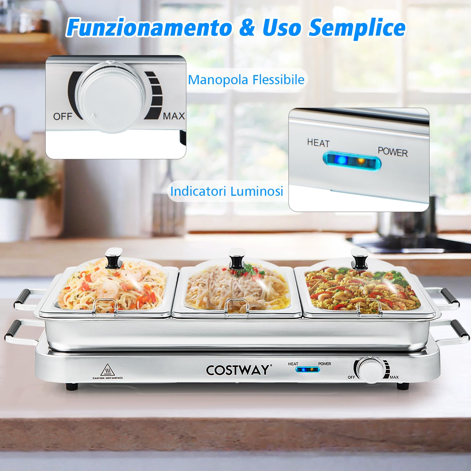 COSTWAY 9 L Scaldavivande Elettrico Portatile, 2 in 1 Vassoio Riscaldante Elettrico con Controllo della Temperatura, Scalda Vivande in Acciaio da 450W con 3 Vassoi, per Buffet Feste