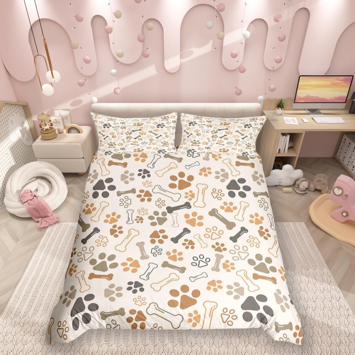 feelingyou Dog Paw Print Comforter Cover King Size,Bone Puppy Pets Animal Themed Bedding Set for Modern Room,Beige Cute Cartoon Design Duvet Cover Set with 2 Pillowcases, Ultra Soft Bed Spread