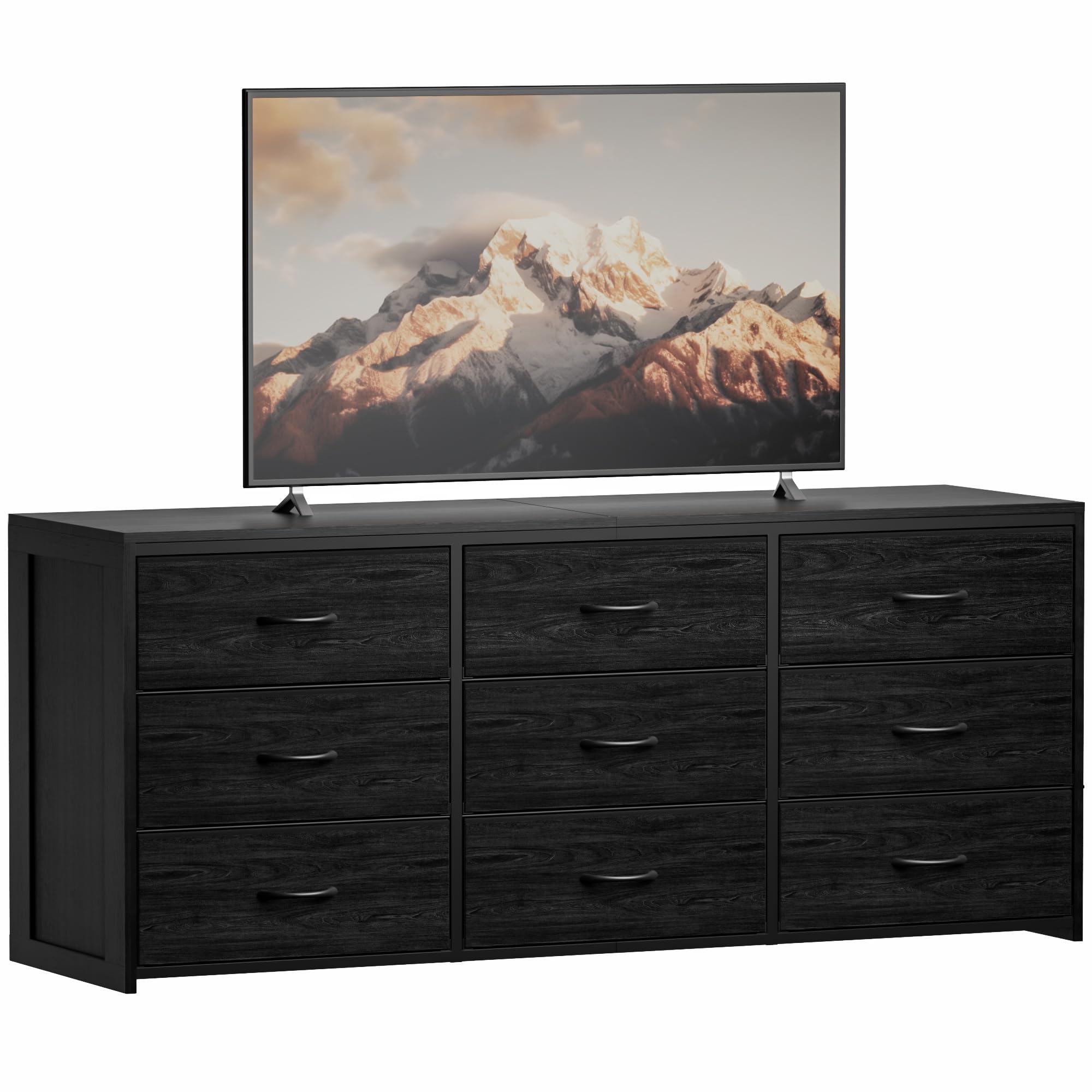 9 drawer dresser for bedroom, entertainment center tv stand for 75 inch tv, 63” long black dresser for closet, living room, fabric drawer organizer, large capacity, wood top side, metal frame