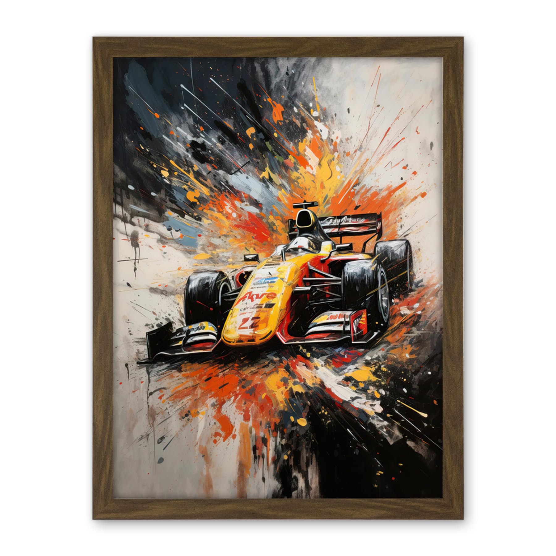 Artery8 Yellow Race Car Racing Scene Modern Spatter Art Artwork Framed Wall Art Print 18X24 Inch