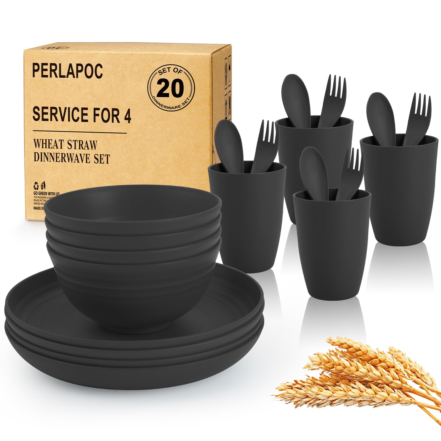 Wheat Straw Dinnerware Sets, Unbreakable Kids Plates and Bowls Sets 20-Piece Service for 4, Alternative Plastic Outdoor Camping Dishes, Microwave &amp; Dishwasher Safe - Black