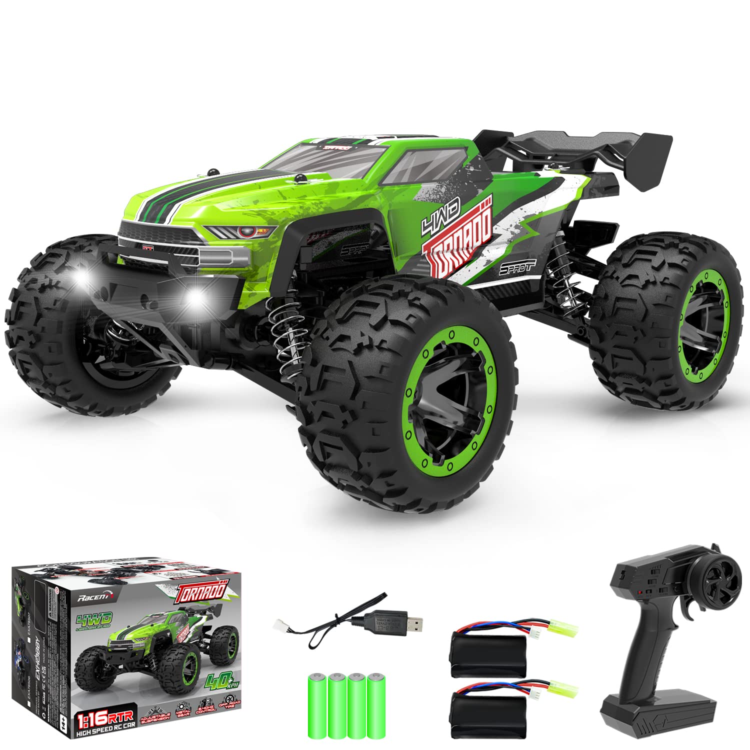 RACENT Auto telecomandata 1:16 con fari, auto RC 45 km/h 4WD monster truck, auto RC telecomandata 2,4 GHz, auto da corsa con 2 batterie, crawler RC, regalo per adulti e bambini (verde)