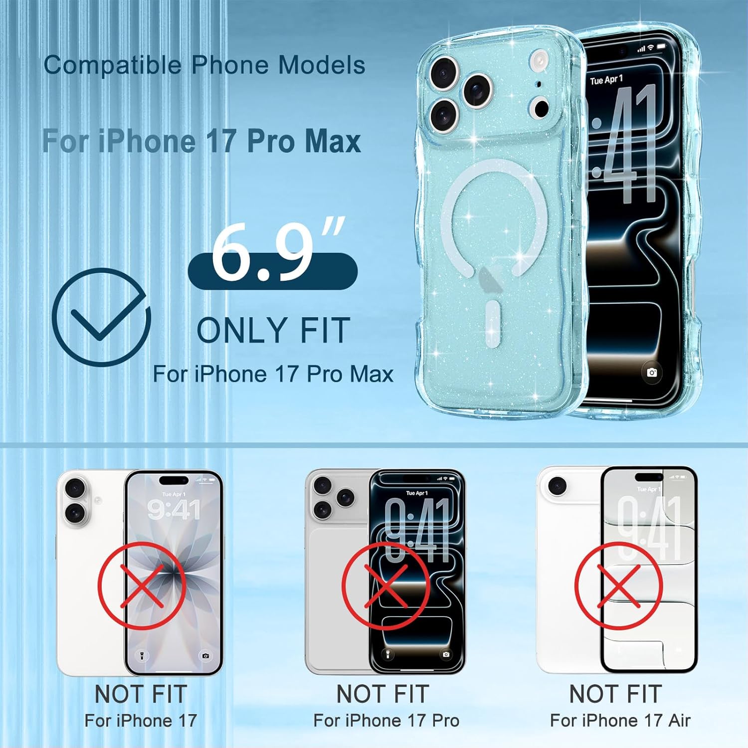 Magnetic for iPhone 17 Pro Max Case Clear, Sparkly Bling Glitter Cute Curly Wave Cover for Women Men Compatible with MagSafe TPU Shockproof Protective Phone Case for iPhone 17 Pro Max, Blue - Image 2