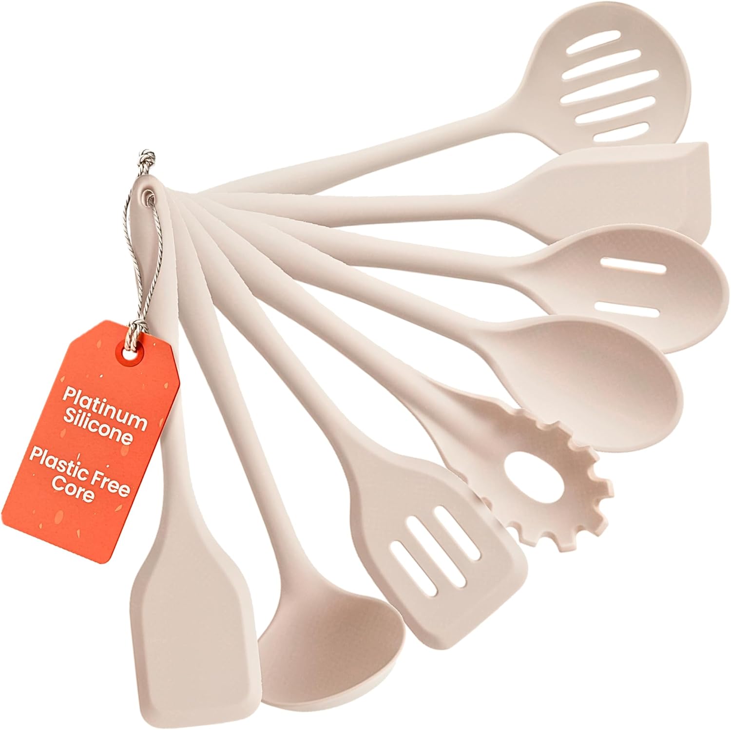 Non-Toxic Platinum Silicone Kitchen Utensil Set of 8 – Non-Scratch Cooking Spoons & Spatulas, 100% Plastic Free, Stainless Steel Core, Heat Resistant 500°F, Beige Non-Toxic Platinum Silicone Kitchen Utensil Set of 8 – Non-Scratch Cooking Spoons & Spatulas, 100% Plastic Free, Stainless Steel Core, Heat Resistant 500°F, Beige