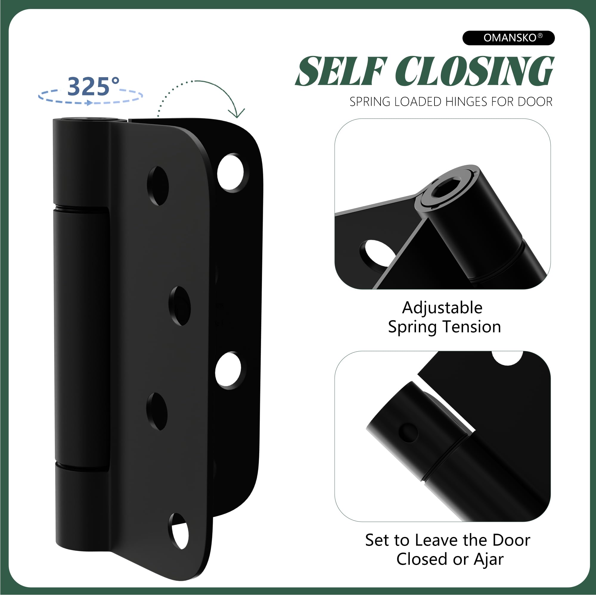 Paquete de 2 bisagras de puerta de cierre automático de 4 pulgadas, color negro mate, bisagras de cierre automático, esquinas de radio de 5/8 pulgadas, tensión ajustable para puerta interior, bisagra