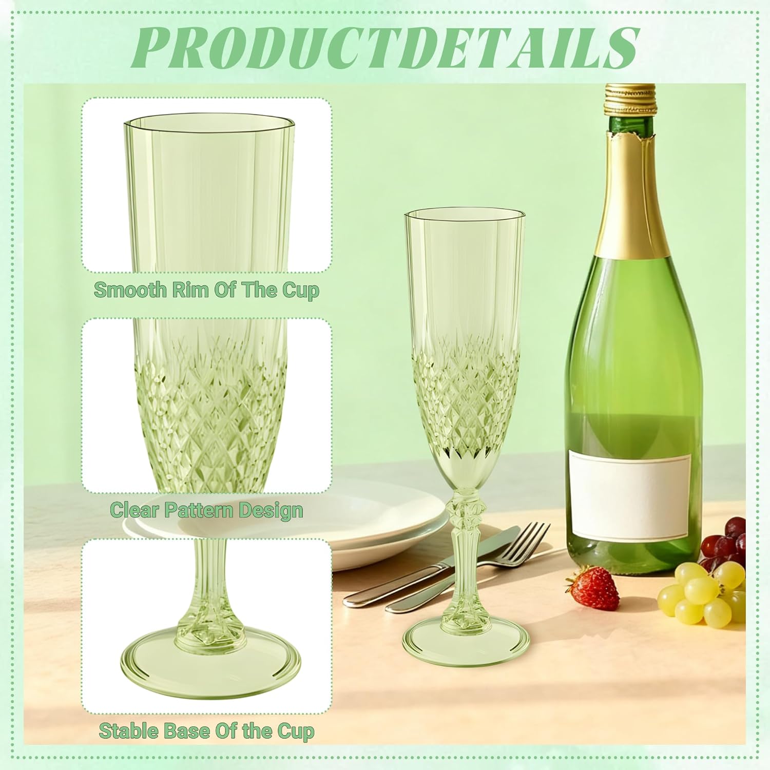 Plastic Champagne Flutes, Champagne Glasses Bulk, Reusable Unbreakable Acrylic Wine Glasses Goblets for Valentine’s Day Weddings Bachelor Parties Toasting (24, Green) - Image 6