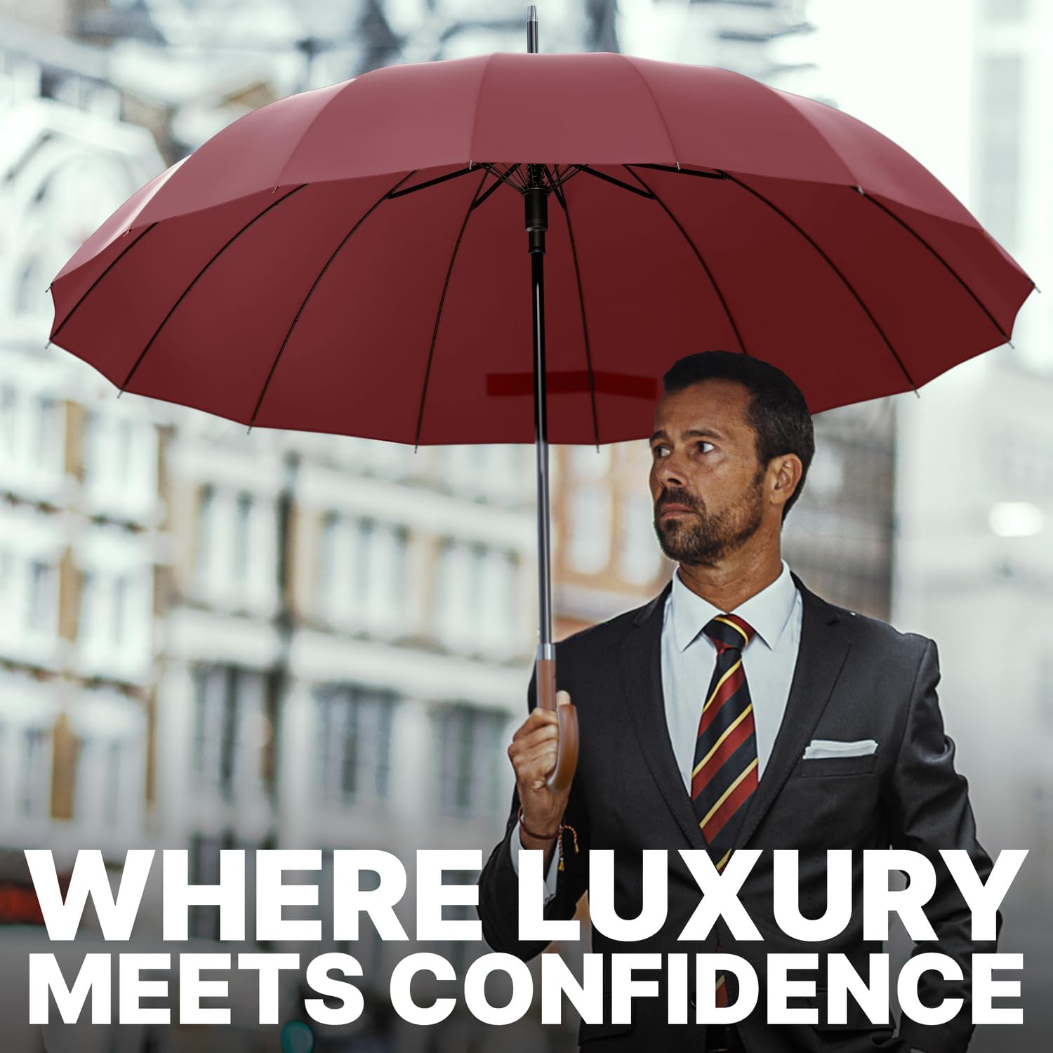 Royal Walk Windproof Large Umbrella for Rain 54 Inch Automatic Open for 2 Persons Wind Resistant Big Golf Umbrellas for Adult Men Women Classic Wooden Handle Fast Drying Strong 16 Ribs Travel 120cm - Image 5