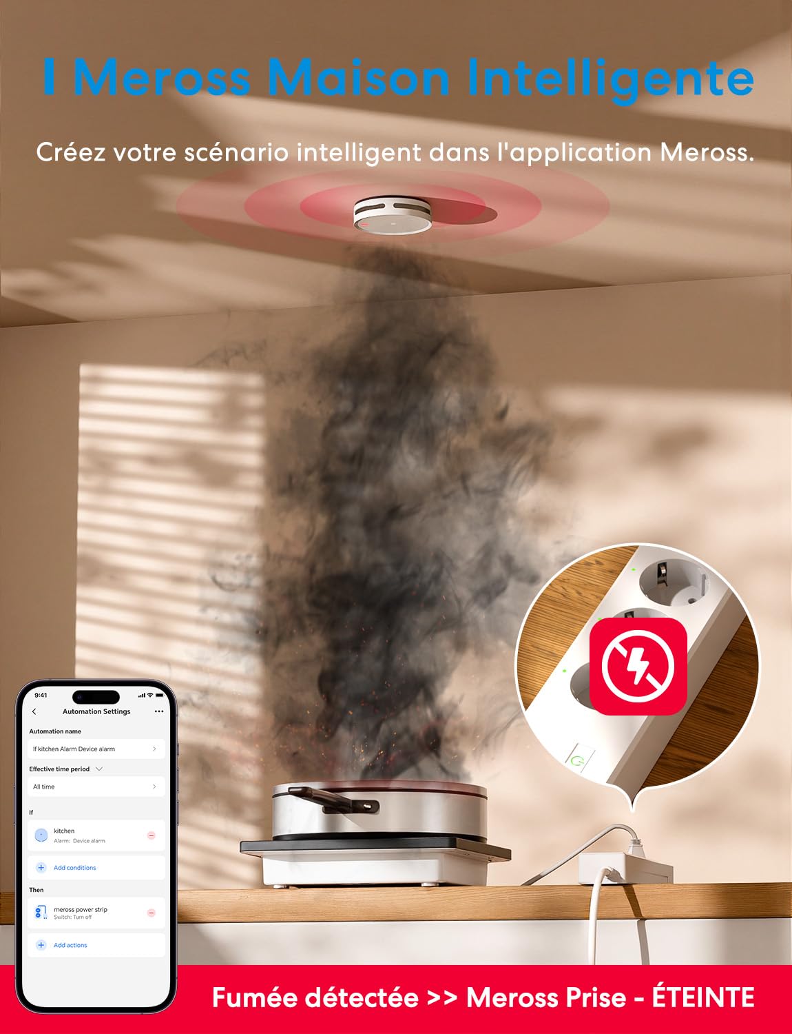 Meross Matter Détecteur de Fumée Connecté, Alarme Incendie Intelligente Wi-FI avec Double capteur Optique, Détecteur Fumée avec Alerte APP, Maillage 0,8 mm, 33 mm, avec Hub MSH450, 3 Pièces