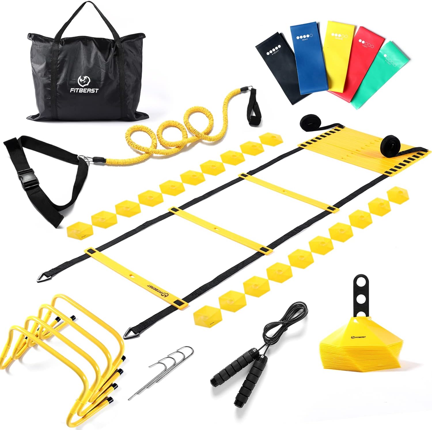 FitBeast Agility Ladder Agility Training Equipment | Includes Agility Ladder, 20 Cones, Resistance Rope, 4 Adjustable Hurdles, 5 Resistance Bands & Jump Rope, Agility Ladder Speed Training Equipment : Sports & Outdoors
