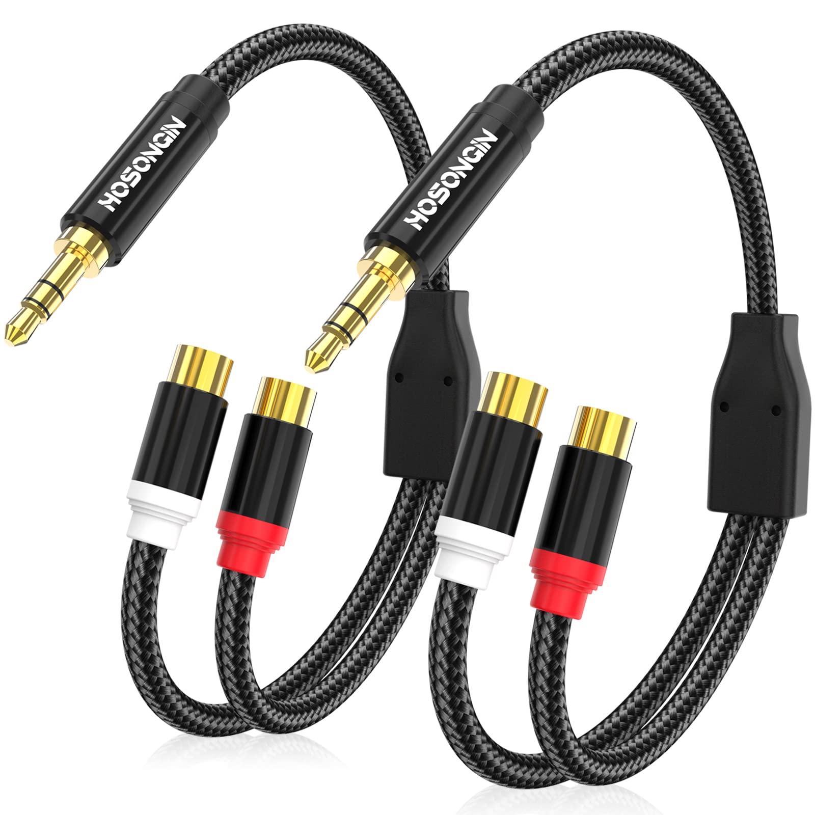 HOSONGIN RCA Female to 3.5mm Male Audio Cable (12 inch) 2 Pack, Gold-Plated Aux to 2RCA Female Adapter – Hi-Fi Stereo Y Splitter for iPhone, TV, Amp,