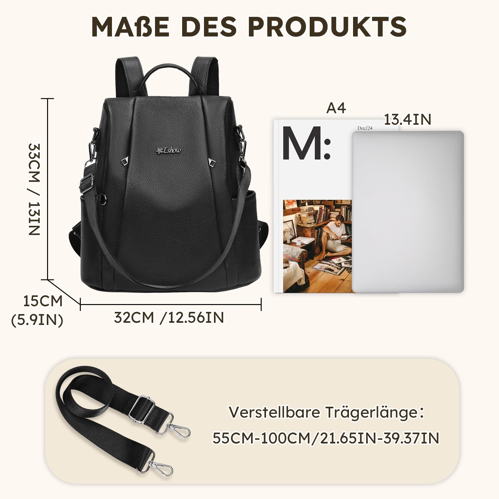 Eshow Rucksack Damen Klein aus Echtleder Diebstahlschutz 3-in-1 Schwarz | Cityrucksack für Freizeit Alltag Pendeln Schule Arbeit Reisen Büro Einkaufen, Wasserabweisend, Elegant, Modern