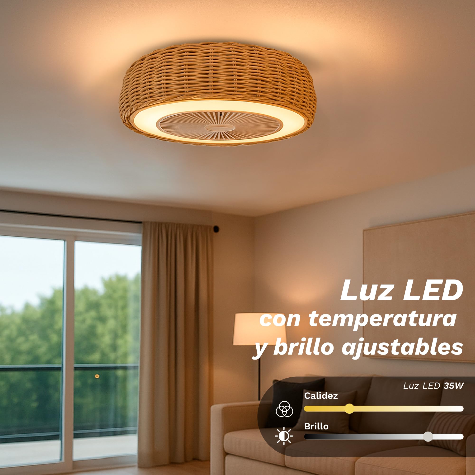 Grunkel Ventilador de Techo SKYWIND-20M con Luz LED, 50 cm, 6 Velocidades, Mando a Distancia, Diseño Ratán, Blanco