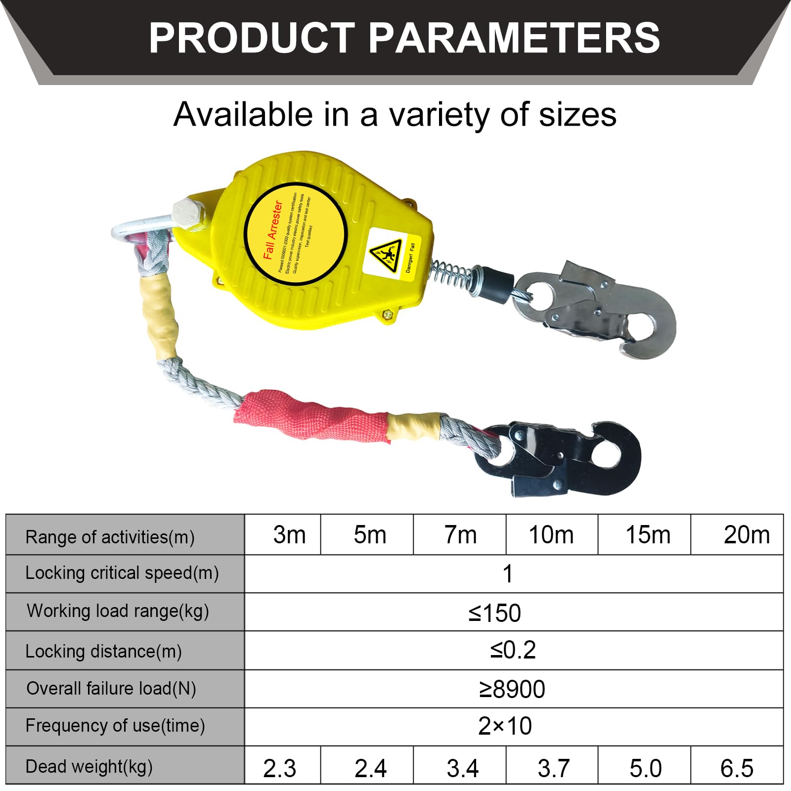 Höhensicherungsgerät 3m/5m/7m/10m/15m/20m, Multifunktionale Absturzsicherung Einziehbar, Fallschutz Absturzsicherung Dachdecker, Maximale Belastung:150kg (Yellow, 10m)