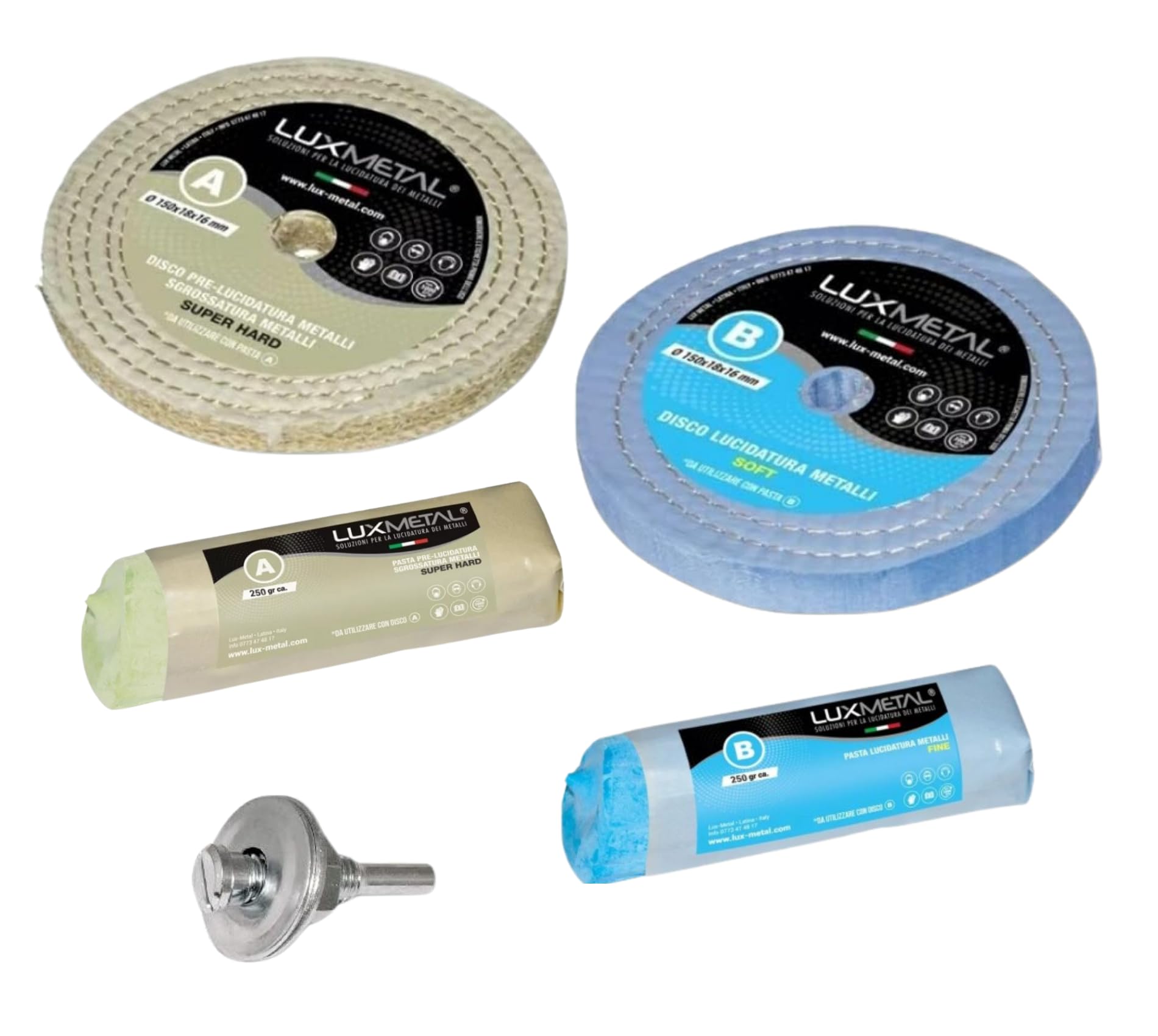 Lux Metal - Kit 2 Disques de Polissage de 150 mm et 2 Pâtes Abrasives de 250 gr - Parfaits pour polir des métaux tels que l'aluminium, le fer, l'acier inoxydable, le laiton, le cuivre, l'or, le marbre