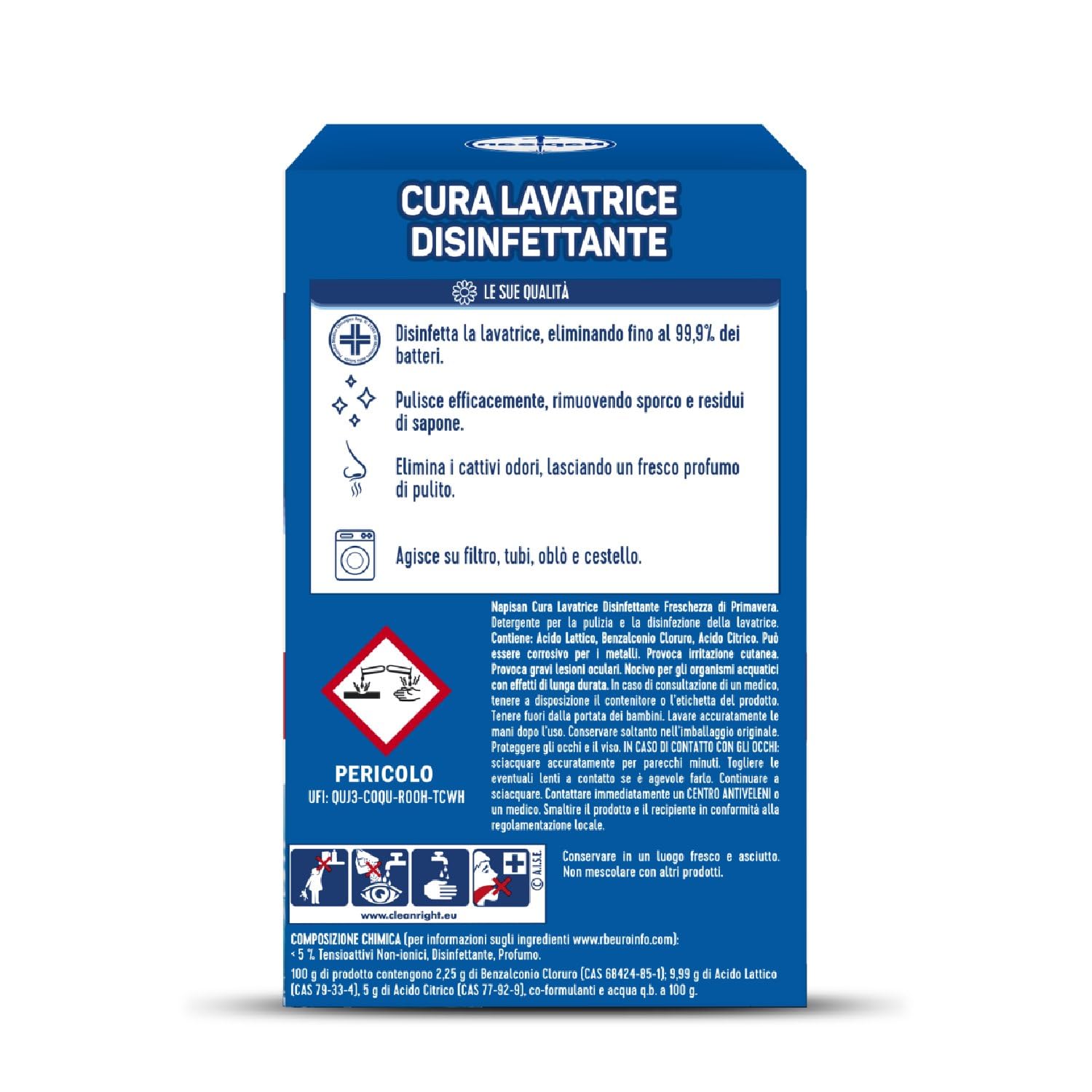 Napisan Cura Lavatrice Disinfettante Freschezza di Primavera, Elimina i Cattivi Odori, Rimuove Sporco e Residui di Sapone, Confezione da 250ml