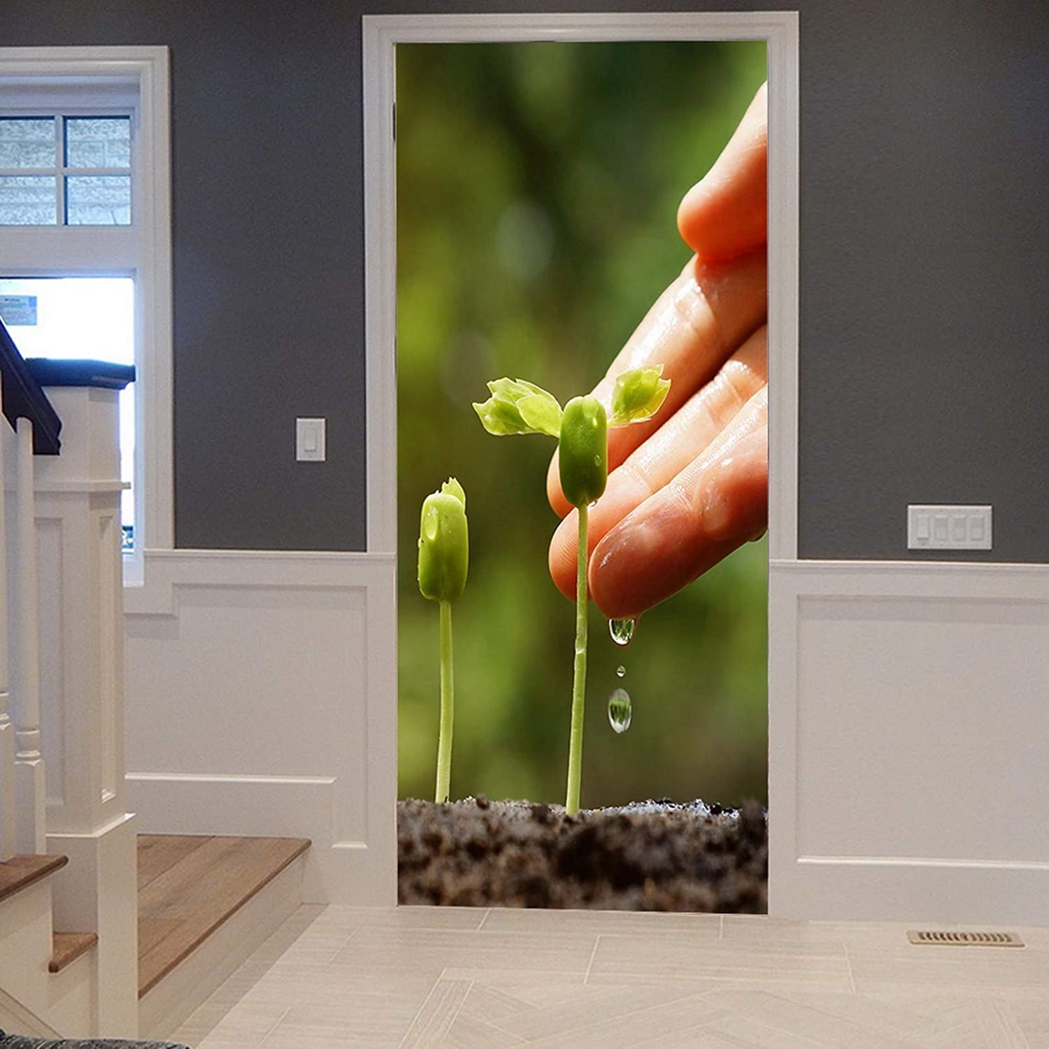 3D Photo Poster Plant Sprout Green Sprout Wallpaper Art Door Sticker Decals for Kids Bedrooms Nursery Livingroom, Wall Decal Self-Adhesive Waterproof Removable Door Murals 77X200 Cm