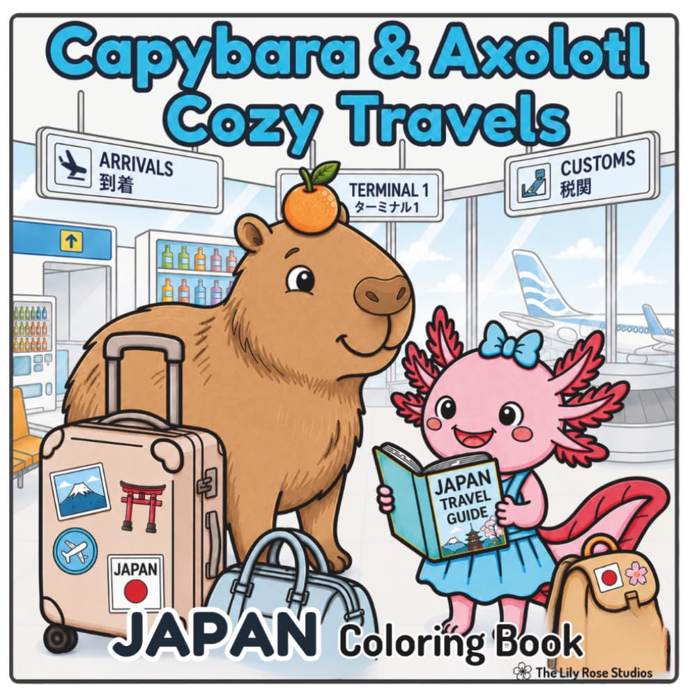 Capybara & Axolotl Cozy Travels: Japan Coloring Book: A Cute Animal Coloring Book Featuring Japanese Landmarks, Culture, Travel Scenes, and Relaxing Designs for Kids and Adults