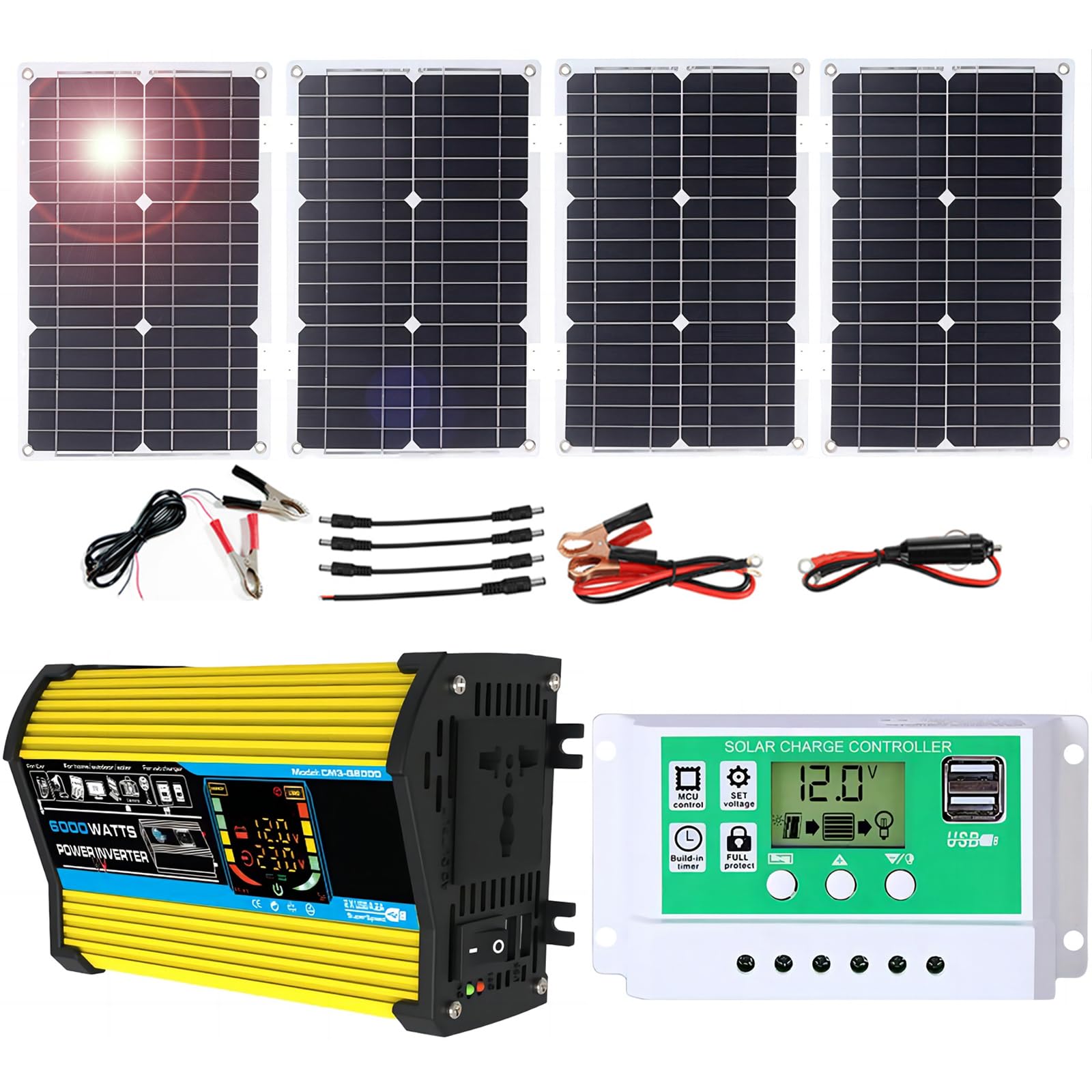 100W Monocrystalline Solar Panel Kit with 6000W Inverter & 50A Controller – Portable Off-Grid Power System for RV, Camping, Boat, and Emergency Backup(Unique Colour,100W)