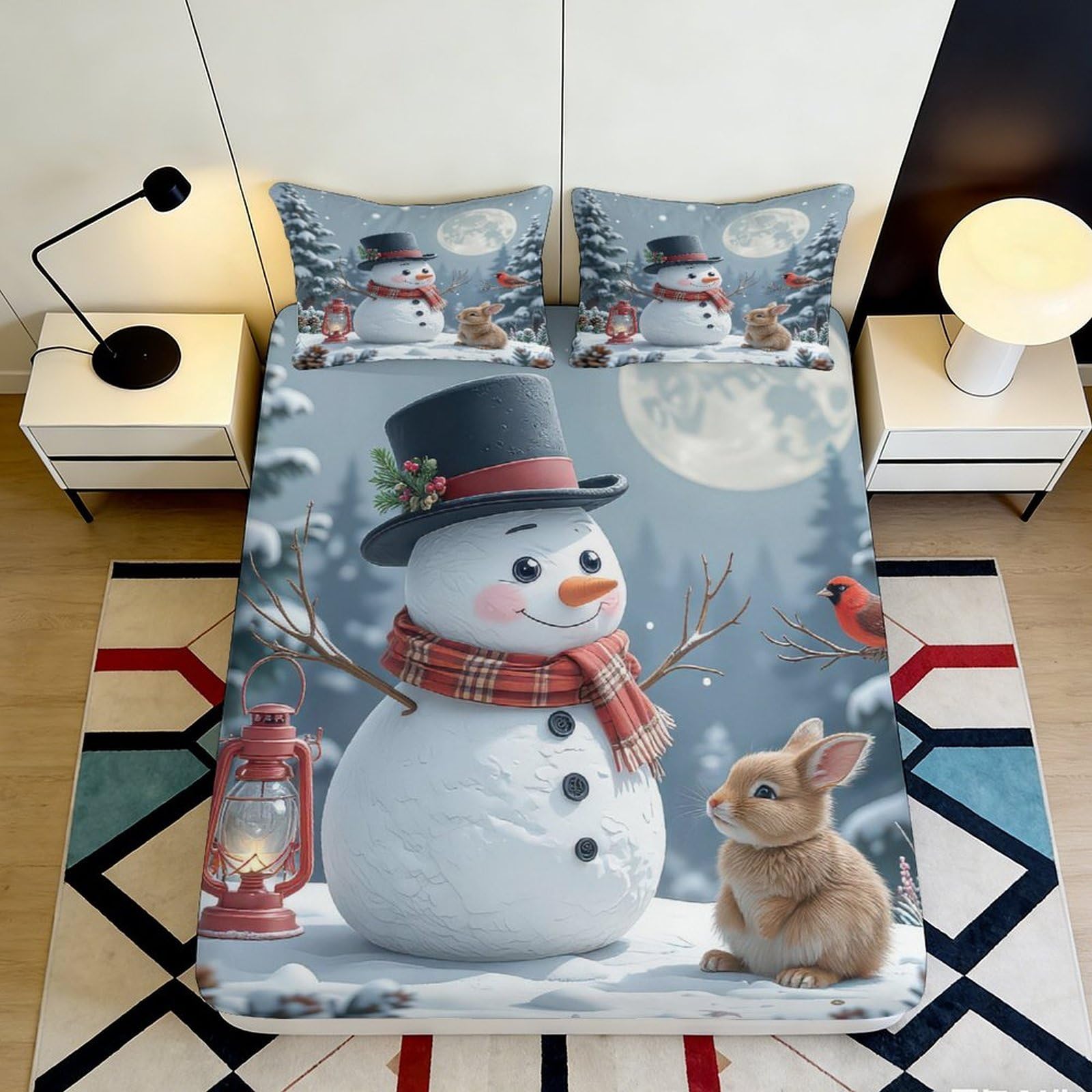3D Printed Snowman and Bunny Fitted Sheet Microfiber Soft Breathable Winter Scene Bed Cover for Bedroom Dormitory Guest Room Mattress Protection Decor 180x200x25cm