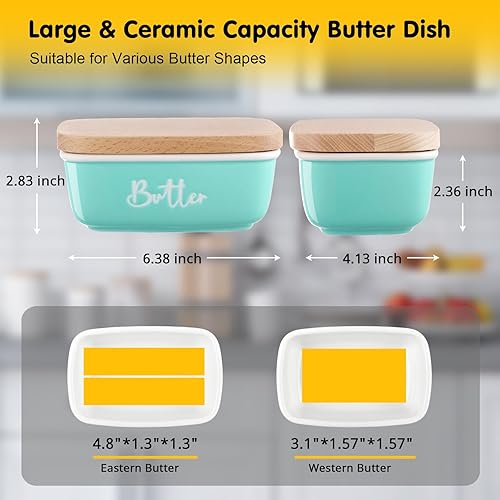 Miniatura 6 de ALELION Mantequera de cerámica turquesa con tapa, decoración de cocina turquesa y accesorios de cocina verde azulado para encimera, recipiente para